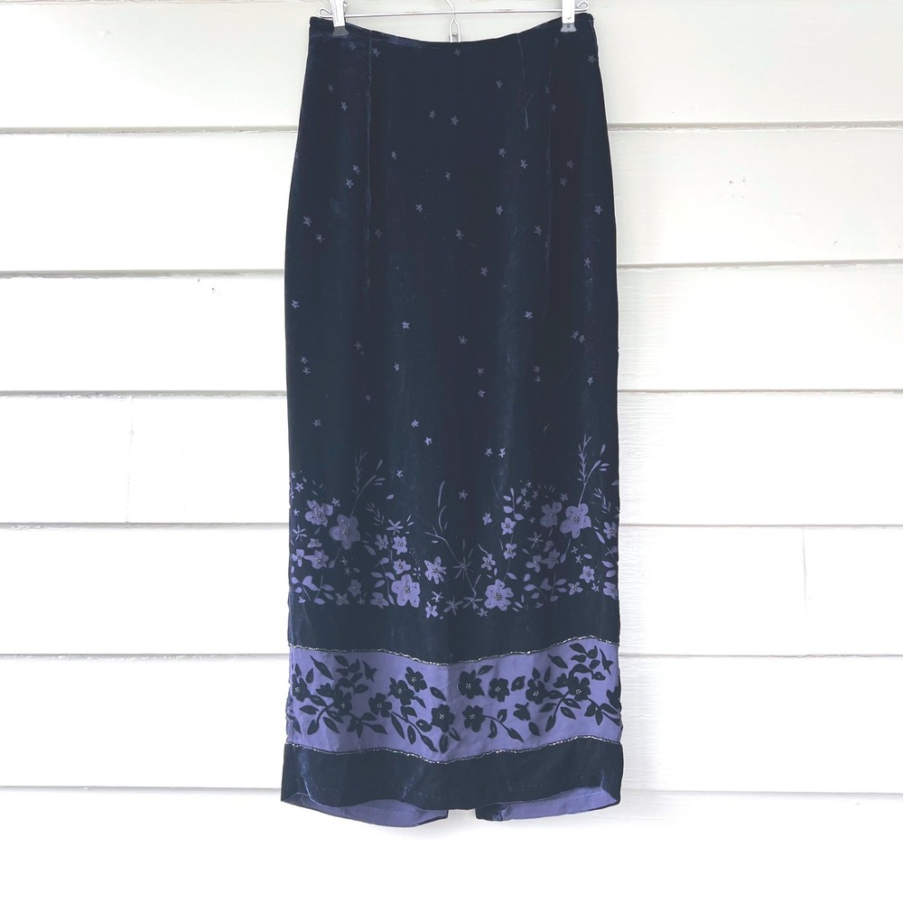 Saks Fifth Avenue Folio Collection Velour Maxi Skirt Blue Whimsigoth Floral VTG